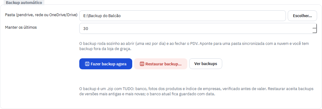 Quadro Backup automático com a pasta, quantos manter e os botões Fazer backup agora, Restaurar backup e Ver backups