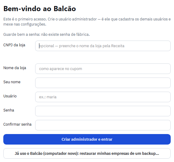 Tela de primeiro acesso do Balcão com o botão para restaurar as empresas de um backup