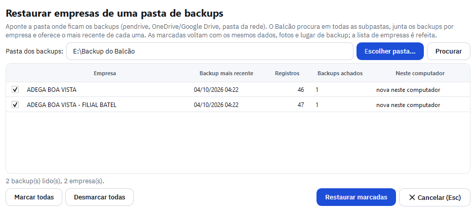 Janela Restaurar empresas de uma pasta de backups listando duas empresas com o backup mais recente