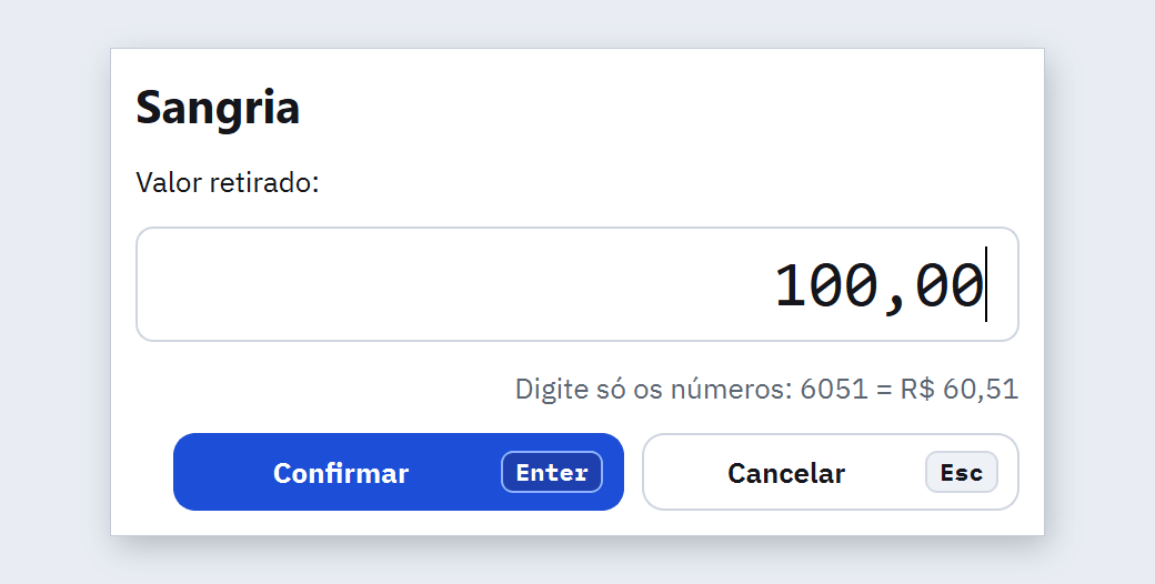Janela Sangria com valor retirado de 100,00