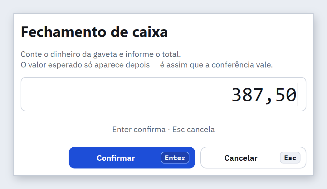 Janela Fechamento de caixa no modo cego, só com o valor contado 387,50 e o aviso de que o esperado aparece depois