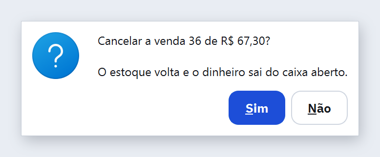 Pergunta Cancelar a venda de R$ 67,30? O estoque volta e o dinheiro sai do caixa aberto