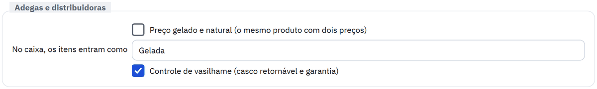 Quadro Adegas e distribuidoras das configurações com Controle de vasilhame marcado