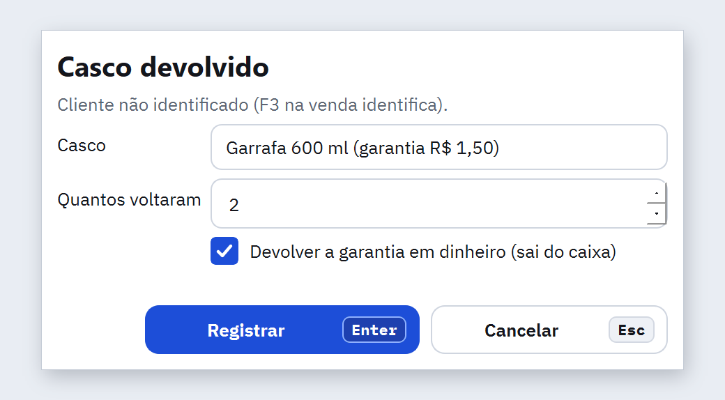 Janela Casco devolvido com Garrafa 600 ml de garantia R$ 1,50, 2 que voltaram e Devolver a garantia em dinheiro marcado