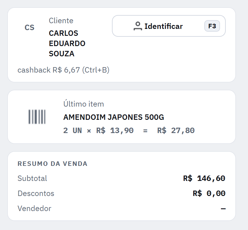 Cartão do cliente na frente de caixa: CARLOS EDUARDO SOUZA, cashback R$ 6,67 (Ctrl+B)