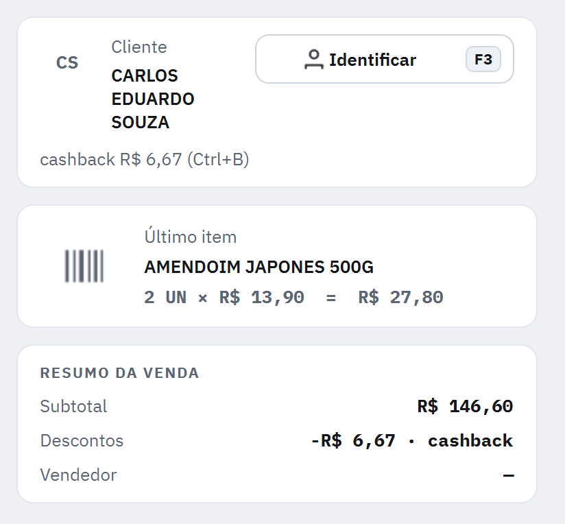 Resumo da venda com subtotal de R$ 146,60 e descontos de R$ 6,67 do cashback