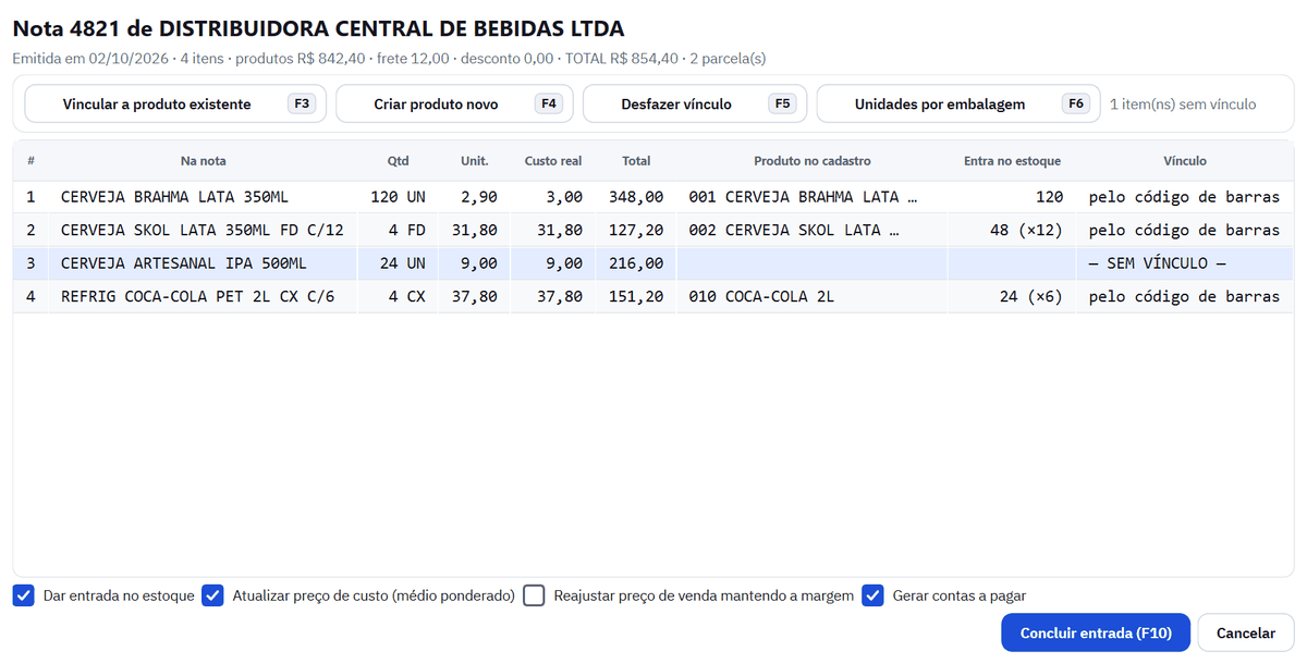 Nota 4821 da distribuidora com quatro itens: Brahma, Skol em fardo e Coca-Cola em caixa ligados pelo código de barras, e uma cerveja IPA sem vínculo