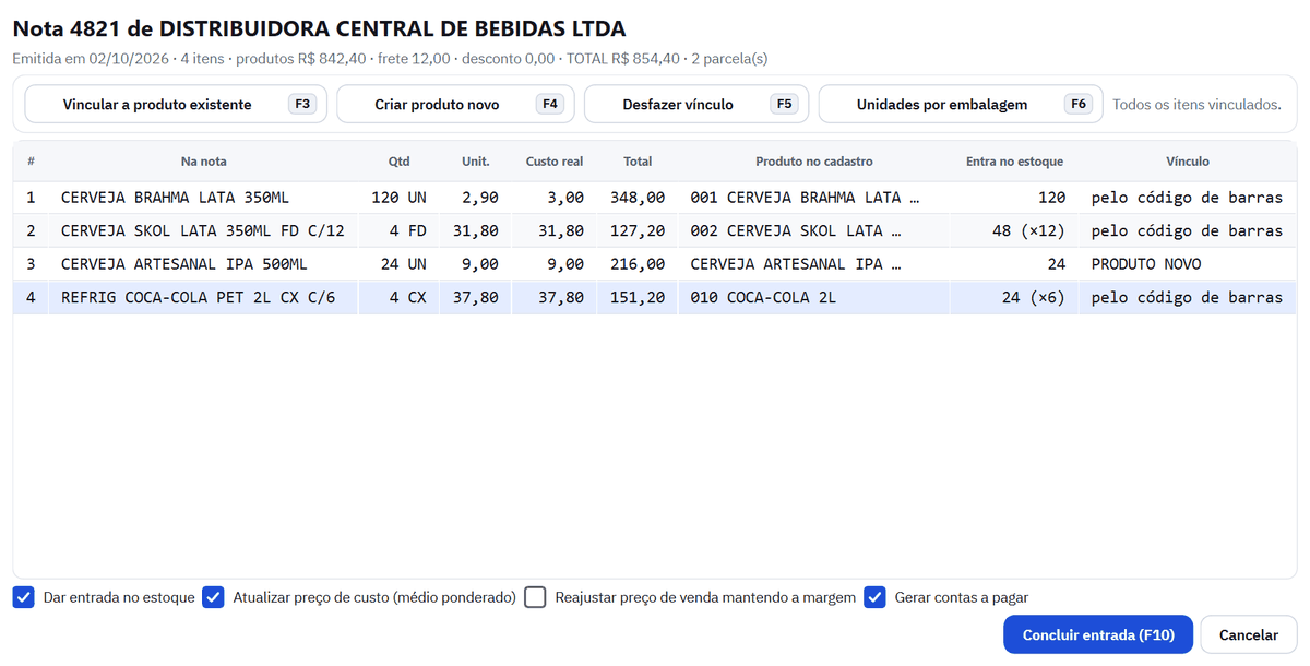 Nota com todos os itens vinculados: Skol entra 48 (×12), Coca-Cola 24 (×6) e a IPA como produto novo
