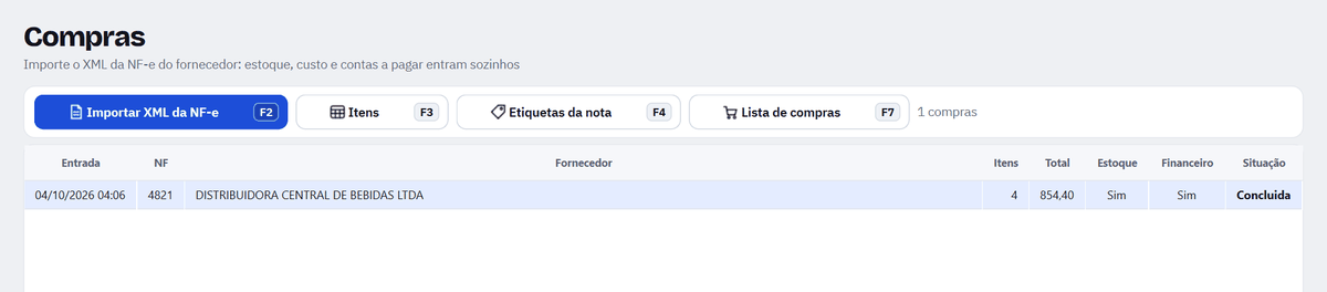 Tela Compras com a nota 4821 concluída, com estoque e financeiro gerados