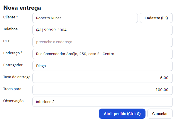 Formulário Nova entrega com cliente, telefone, CEP, endereço, entregador, taxa de entrega, troco e observação