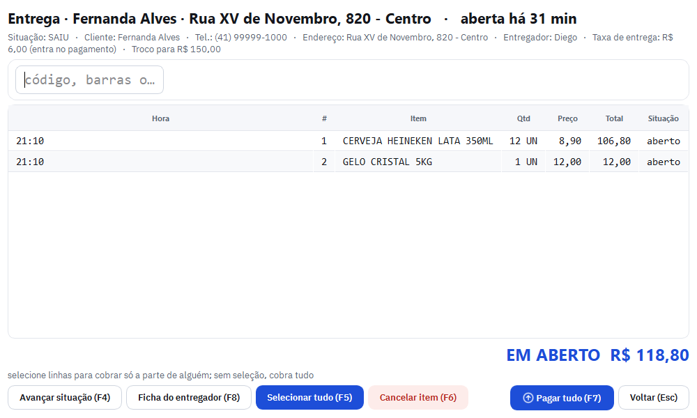 Comanda de entrega com situação, cliente, endereço, entregador, taxa de entrega e troco no alto