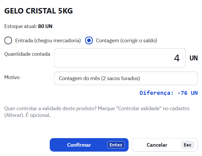 Contagem do GELO CRISTAL 5KG: 4 unidades contadas, motivo contagem do mês e diferença de menos 2