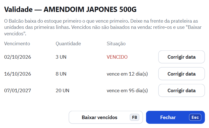 Janela Validade do AMENDOIM JAPONES 500G com três levas: uma vencida, uma que vence em 12 dias e outra em 95 dias