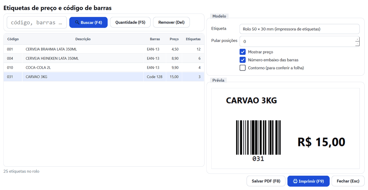 Prévia da etiqueta do CARVAO 3KG no rolo 50 × 30 mm, com código de barras Code 128 do código interno 031 e preço R$ 15,00