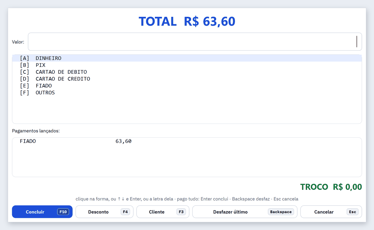 Tela Pagamento com total de R$ 63,60 lançado em FIADO