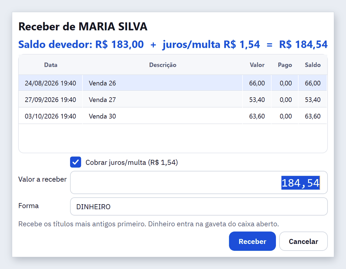 Janela Receber de MARIA SILVA com saldo devedor de R$ 183,00 mais juros e multa de R$ 1,54, três compras em aberto, valor de 184,54 e forma Dinheiro