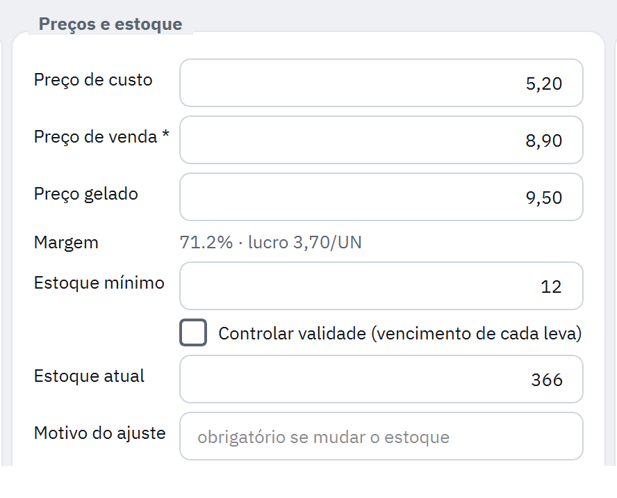 Cadastro da Heineken lata com preço de venda 8,90 e preço gelado 9,50