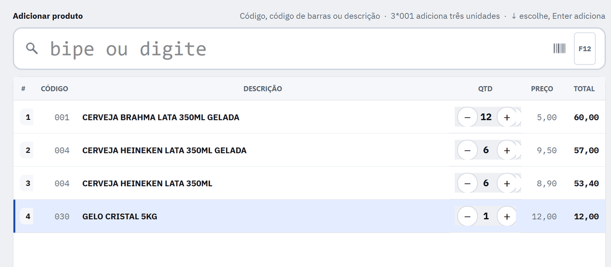 Lista da venda com 12 Brahma GELADA a 5,00, 6 Heineken GELADA a 9,50, 6 Heineken natural a 8,90 e um gelo