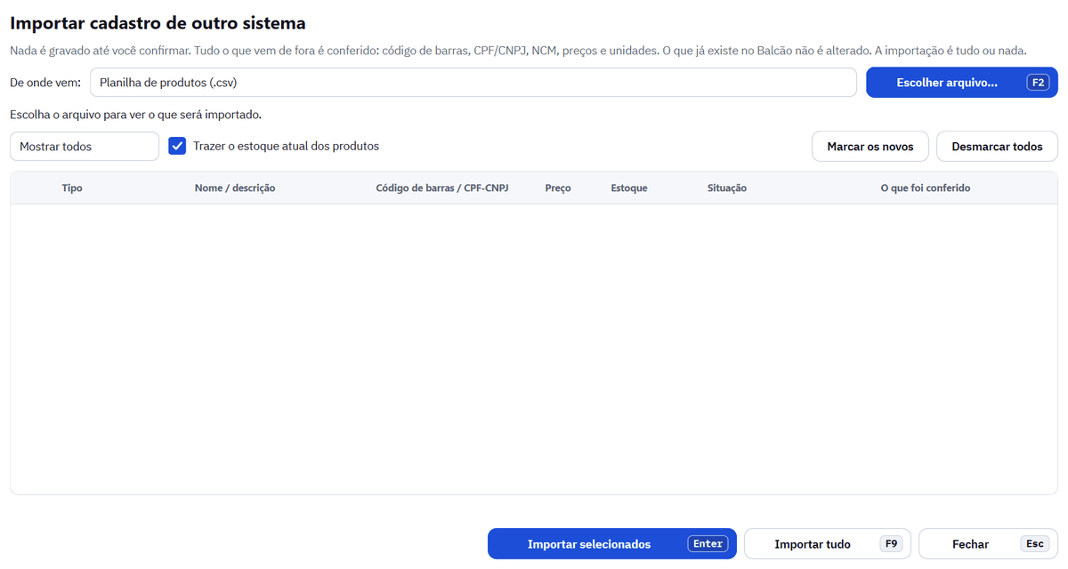 Janela Importar cadastro de outro sistema com a origem Planilha de produtos (.csv) e o botão Escolher arquivo
