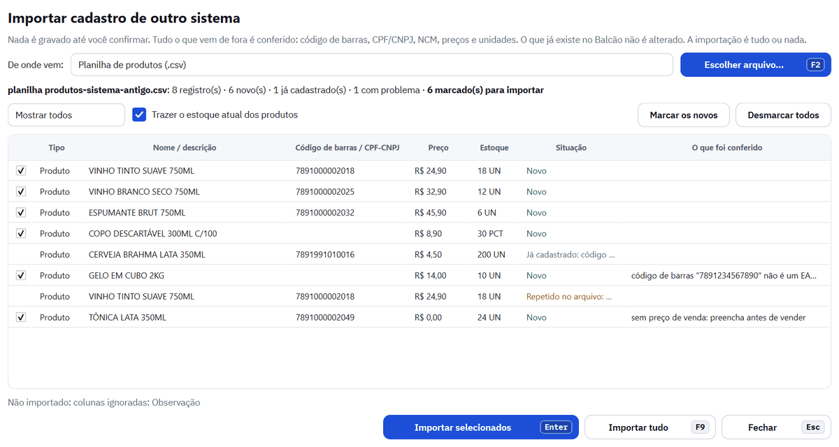 Prévia da importação de uma planilha: vinhos e copos como Novo, a Brahma como Já cadastrado, uma linha repetida e avisos de código de barras inválido e de produto sem preço