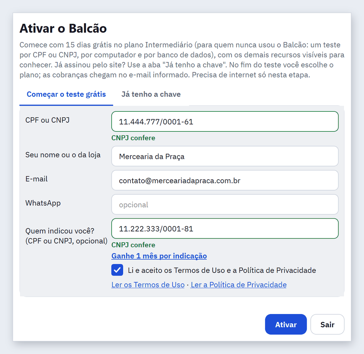 Tela Ativar o Balcão com o campo Quem indicou você preenchido com um CNPJ e a mensagem CNPJ confere
