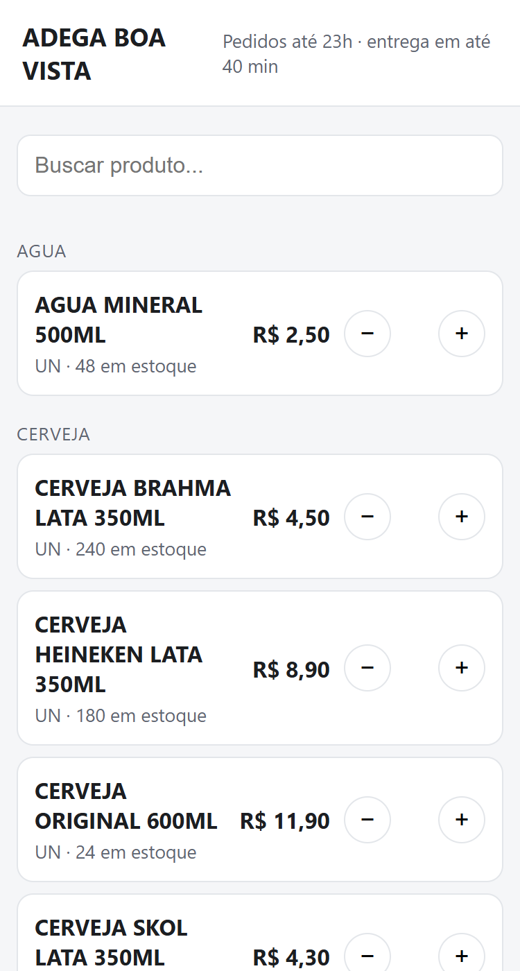 Página da loja no celular com o nome da adega, o aviso de horário, a busca e os produtos com preço e botões de mais e menos
