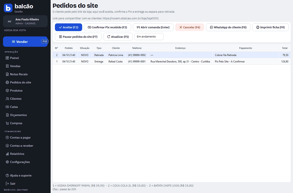 Página Pedidos do site com dois pedidos novos, um de retirada e um de entrega com Pix a confirmar