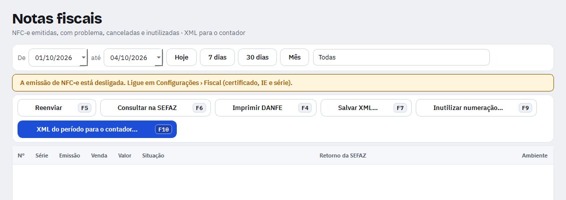 Página Notas fiscais com filtro de período e os botões Reenviar, Consultar na SEFAZ, Imprimir DANFE, Salvar XML e XML do período