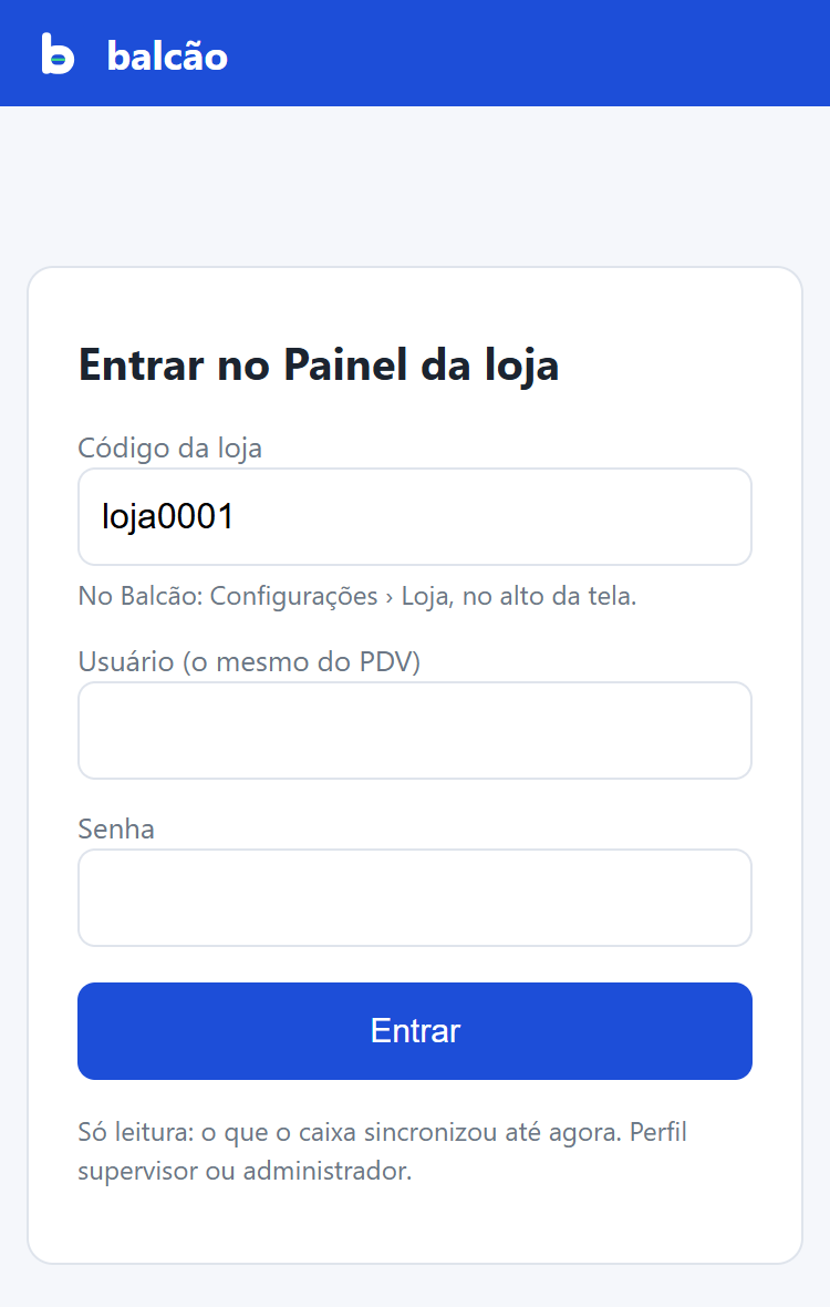 Tela Entrar no Painel da loja no celular com código da loja, usuário e senha