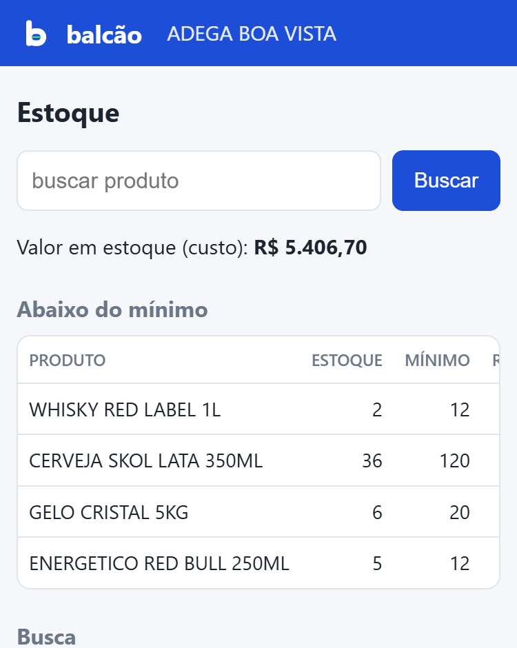 Página Estoque no celular com o valor em estoque e a lista de produtos abaixo do mínimo