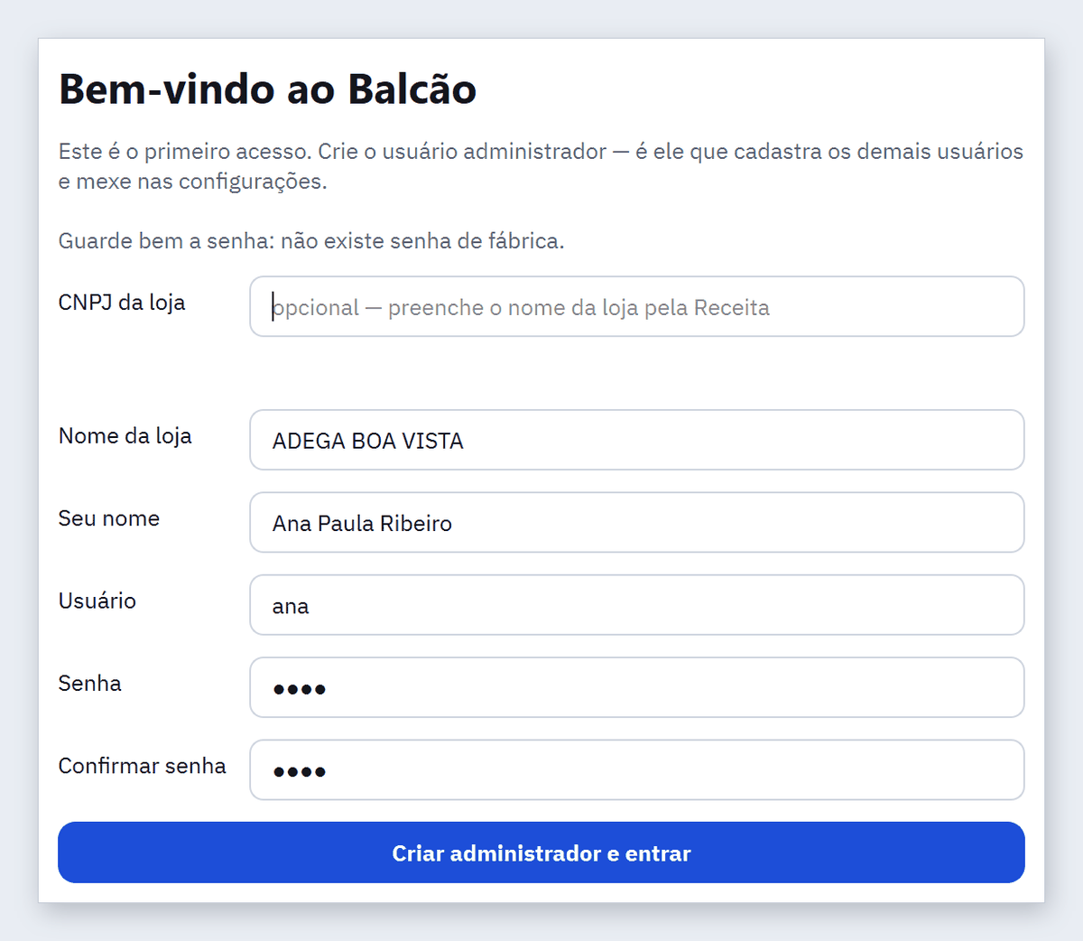 Tela Bem-vindo ao Balcão com nome da loja ADEGA BOA VISTA, nome Ana Paula Ribeiro, usuário ana e a senha digitada duas vezes