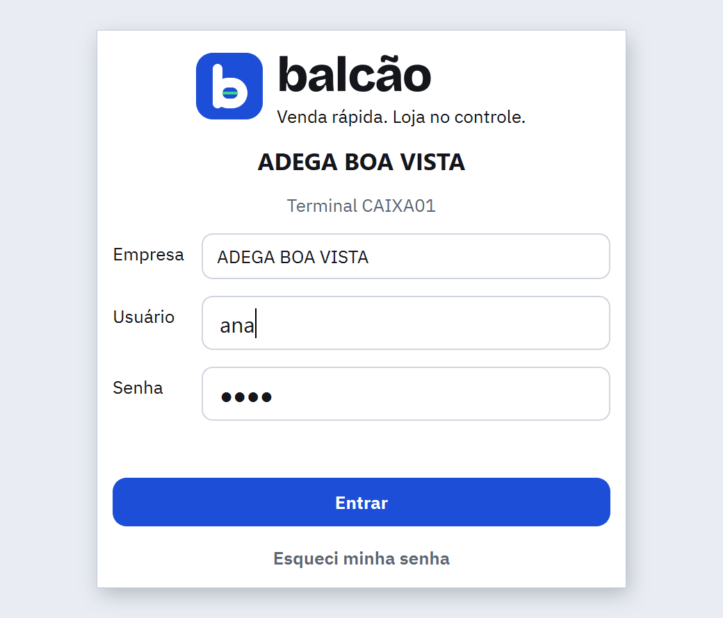 Tela de entrada do Balcão com a empresa ADEGA BOA VISTA, o usuário ana e a senha digitada