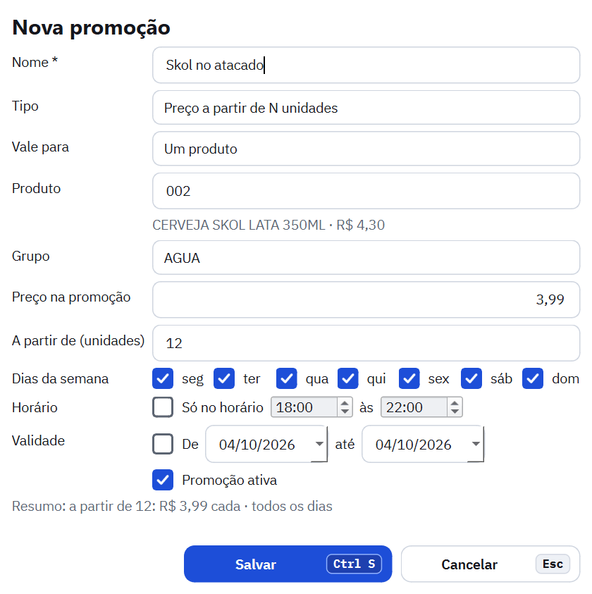 Formulário Nova promoção do tipo Preço a partir de N unidades: Skol a R$ 3,99 a partir de 12 unidades, todos os dias