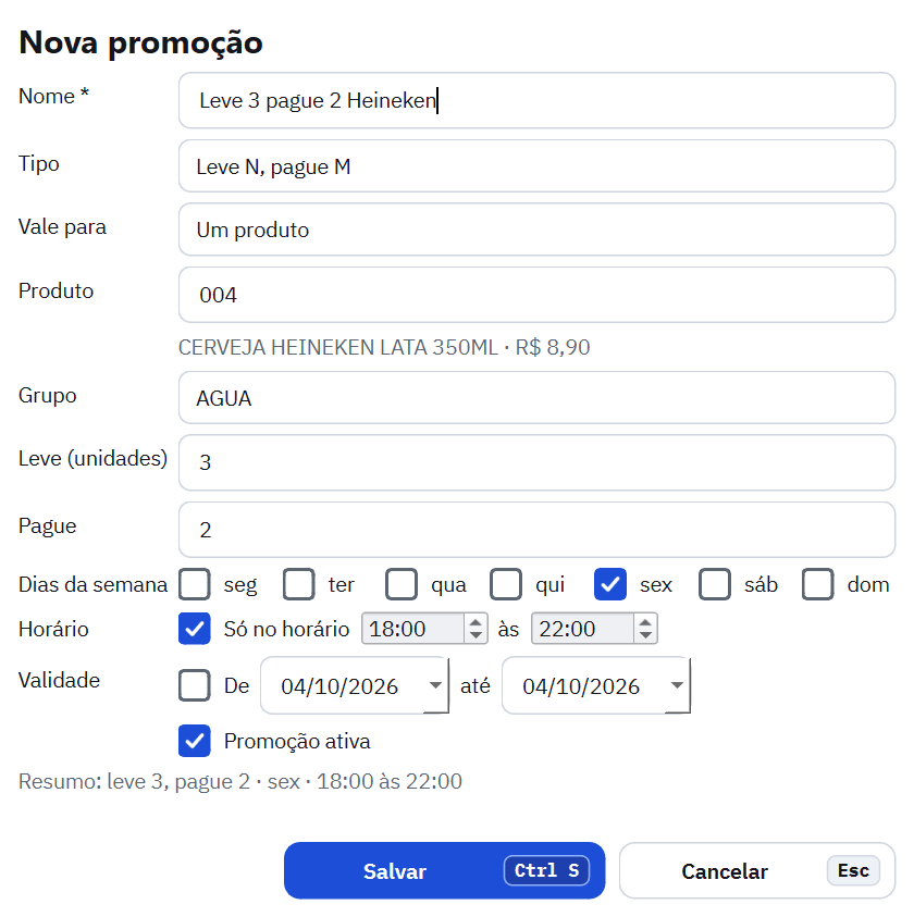 Formulário de promoção Leve 3 pague 2 Heineken, só às sextas, das 18:00 às 22:00
