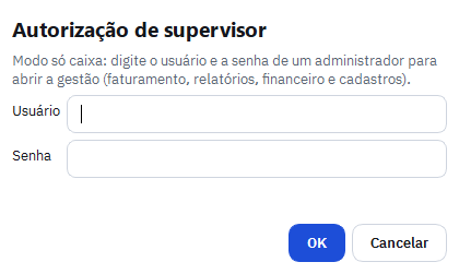 Janela pedindo usuário e senha de um administrador para abrir a gestão