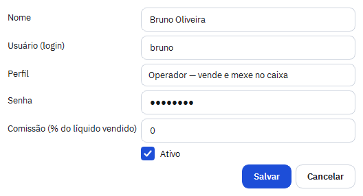 Formulário Novo usuário com nome, login, perfil, senha, comissão e a opção Ativo