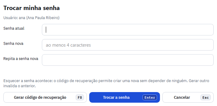 Janela Minha senha com senha atual, senha nova e o botão Gerar código de recuperação