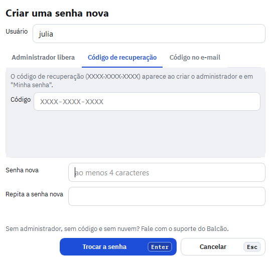 Janela Esqueci minha senha com as abas Administrador libera, Código de recuperação e Código no e-mail