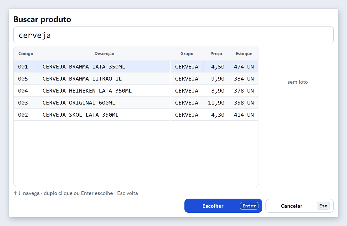 Janela Buscar produto com a palavra cerveja e cinco cervejas listadas com grupo, preço e estoque