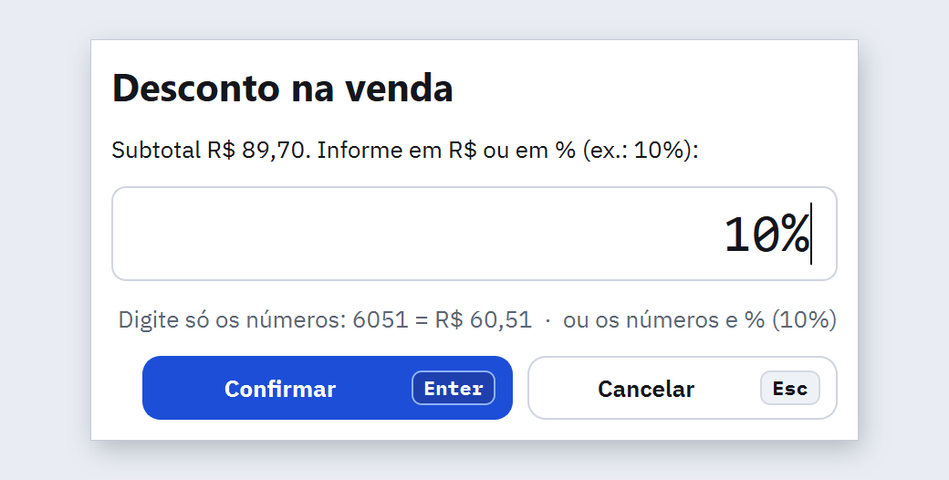 Janela Desconto na venda com subtotal de R$ 89,70 e 10% digitado