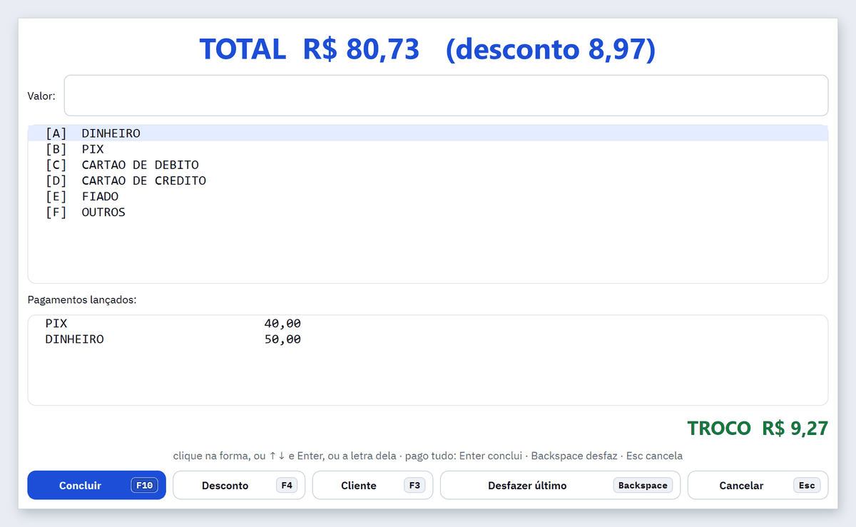 Tela Pagamento com total de R$ 80,73, desconto de 8,97, Pix de 40,00 e dinheiro de 50,00 lançados e troco de R$ 9,27